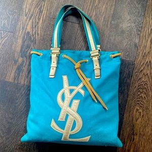 YSL Saint Laurent summer tote blue turquoise gold leather logo bag  shopping